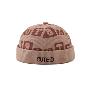 Brown corduroy Miki hat for kids with CUTE embroidery and retro printed patterns