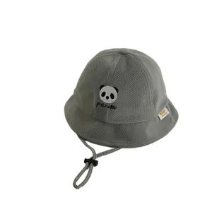Grey waffle knit baby bucket hat with panda embroidery and adjustable drawstring