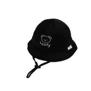 Kids black Lucky bear embroidered bucket hat with adjustable chin strap for toddlers