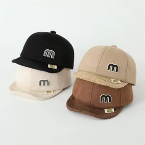 Kids Baby Baseball Cap With Letter M Baston Patch Autumn Winter Warm Faux Suede Corduroy Soft Brim Adjustable Toddler Sun Hat
