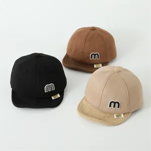 Toddler winter baseball hats in black, brown and beige featuring soft corduroy brims