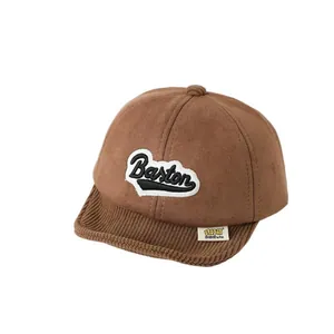 Brown toddler baseball cap with Baston letter embroidery and corduroy brim detail