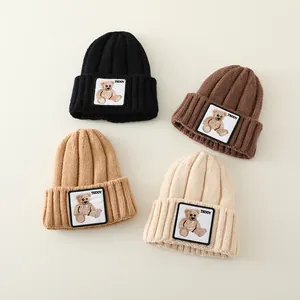 Winter Thickened Baby Knitted Beanie Warm Fleece Lined Cartoon Teddy Bear Patch Solid Color Elastic Cap For Boys Girls