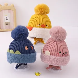 Kinder Winter Strickmütze Cartoon Tier Ohrenschützer Warme Polyester Beanie Mit Großem Bommel Für Jungen Mädchen