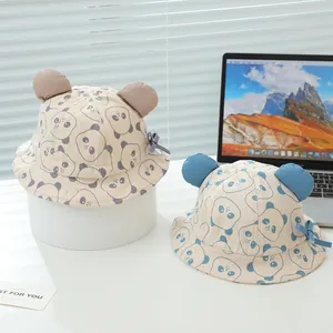 Kinder Fischerhüte aus Baumwolle mit Panda-Motiv, 3D-Ohren und Schleifen-Detail