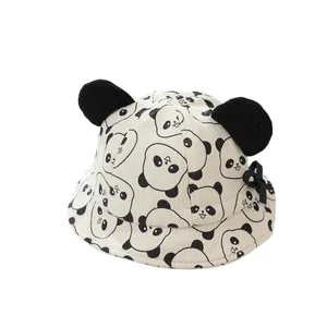 Kinder Fischerhut mit Panda-Print, süßen 3D-Plüschohren und kleiner Schleife