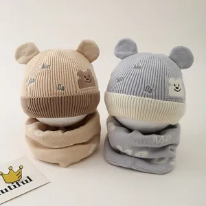 Baby Winter Knitted Hat Scarf Set Fleece Lined Thickened Warm Earflap Beanie Cap Cartoon Bear Ear For Infant Toddler