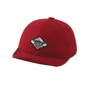 Retro dark red cotton baseball cap for kids with mountain embroidery and soft brim