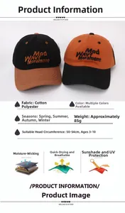 Detail view of cotton-polyester kids baseball caps with sizing and material specs