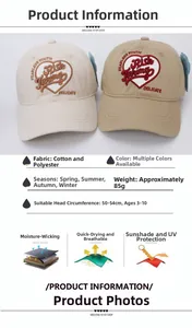Détails du tissu et broderie de casquette de baseball pour enfants de 3 à 10 ans