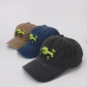 Three children's baseball caps in khaki, navy, and charcoal with tractor embroidery details