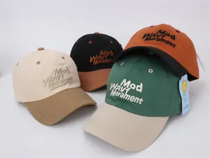 Close-up of contrast color cotton baseball caps with 3D embroidery and six-panel structure