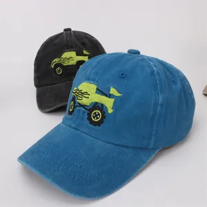 Vintage cotton baseball cap for kids featuring green monster truck embroidery