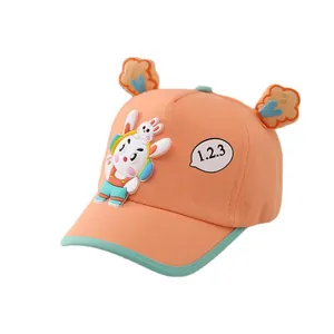 Cute bunny toddler baseball cap in orange and mint green for spring and summer