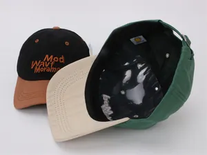 Detailed view of color-block baseball cap with 3D embroidery and inner lining finish