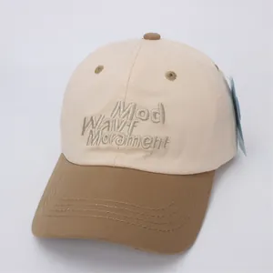 Close-up of color-block baseball cap with 3D embroidery and durable cotton canvas texture