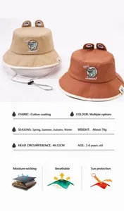 Detail of khaki and red kids bucket hats with dinosaur embroidery and mesh lining