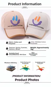 Detailed specs of kids smile baseball cap showing cotton blend fabric and size info