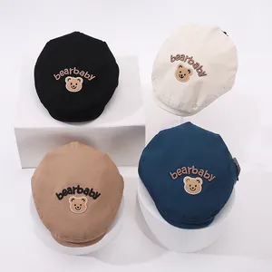 Collection of children's cotton flat-top caps with bearbaby embroidery in four colors