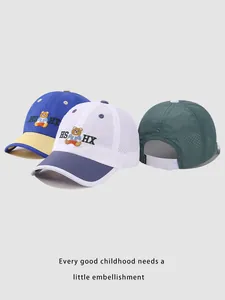 Breathable kids baseball caps with cartoon bear embroidery in multiple colorways