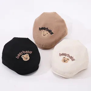 Kids Bear Embroidery Beret Hat Cotton Blend Adjustable Flat Cap For Boys Girls Fashion Sun Protection Children Newsboy Hat