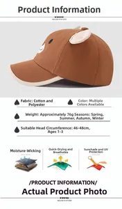Detail of brown cartoon bear baby hat with 3D ears and breathable cotton polyester fabric