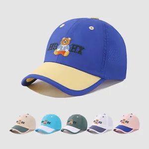 Kids Quick Dry Peaked Cap Cartoon Bear Embroidery Color Block Mesh Breathable Sun Hat For 3-8 Years Boys Girls Outdoor Summer Baseball Cap