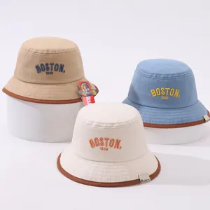 Cappello da Pescatore per Bambini in Misto Cotone Con Ricamo Boston 1630 Bordo a Contrasto Cappello da Sole Traspirante