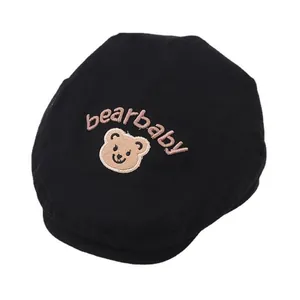 Fashionable black cotton baby beret hat with bear embroidery and bearbaby text