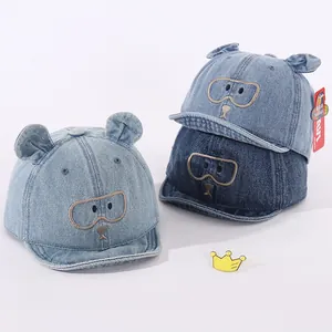 Casquette de Baseball en Denim pour Bébé Avec Oreilles d'Ours Broderie Dessin Animé Chapeau de Soleil à Bord Souple pour Tout-Petits Garçons Filles Extérieur