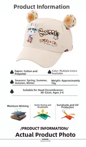 Detail of toddler baseball cap featuring cartoon rabbit applique and plush ears decor