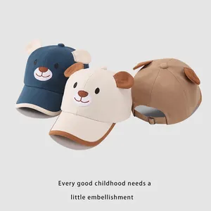 Detail of cartoon bear kids baseball caps showing 3d ears and adjustable metal buckle