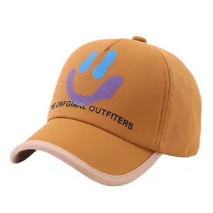 Kids smile baseball cap in caramel canvas with pink rim and adjustable strap sun protection