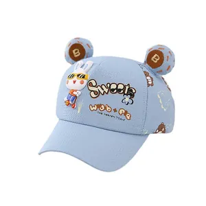 Light blue kids baseball cap with cute cartoon rabbit pattern and breathable fabric