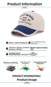 Kids baseball cap detail showing breathable cotton-polyester fabric and 48-52cm size info