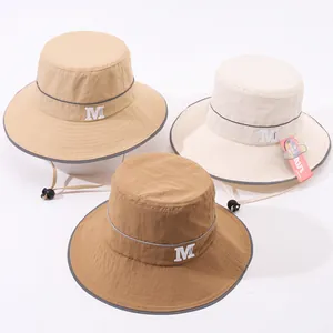 Cappello da Pescatore per Bambini Stile Giapponese Tesa Larga Misto Cotone Cappello da Sole Con Striscia Riflettente Corda Antivento