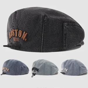 Béret en Denim Vintage pour Enfants Broderie BOSTON 1630 Casquette Gavroche Réglable Garçons Filles Rétro Bonnet Plat