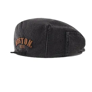 Béret vintage en denim noir délavé pour enfants avec broderie Boston et cordon