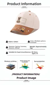 Detail view of cotton baby baseball cap featuring a cute cartoon bear patch and brim print