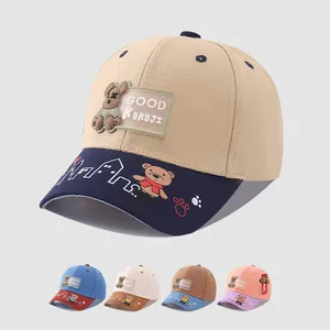 Kids Cartoon Bear Patch Baseball Cap Color Block Peaked Hat Adjustable Sun Protection Cotton Duck Tongue Hat For Boys Girls