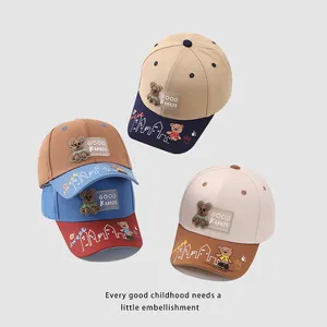 Toddler baseball caps with cute cartoon bear patch and color-block brim for summer sun protection
