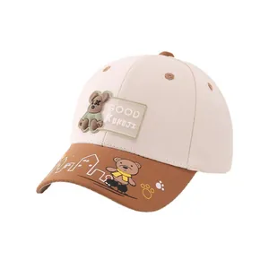 Cute kids baseball cap with cartoon bear patch and two-tone color block design