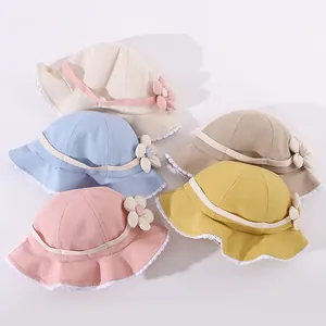 Toddler Girls Cotton Sunshade Fisherman Hat With 3D Flower Decoration Lace Trim Breathable Outdoor Bucket Hat For Kids