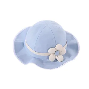 Cute baby sun hat with lace trim and 3D flower decoration in light blue color