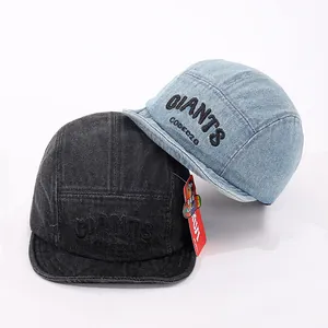 Retro denim baseball caps for kids in washed black and light blue with 3D embroidery