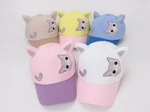 Detail of five multi-colored kids baseball caps with 3D cat ears and cute embroidery