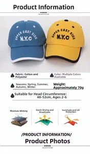 Detailed chart showing breathable cotton fabric and 48-52cm size specs for kids NYC cap