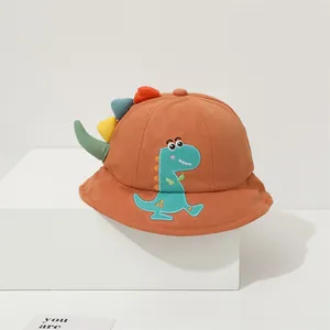 Detailed close-up of orange cotton kids bucket hat with 3D dinosaur fins and embroidery