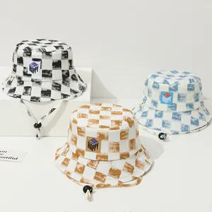 Sombrero de Pescador de Tablero de Ajedrez para Niños Mezcla de Algodón Protección Solar para Niños Niñas Bebé Con Correa Ajustable