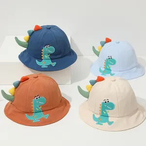 Kids Cartoon Dinosaur Bucket Hat With 3D Fins Sunshade Cotton Blend Summer Fisherman Cap For Boys Girls 1-4 Years Old